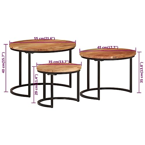 Nesting Tables 3 pcs Solid Wood Acacia,Nesting Coffee Table Set of 3, Acacia Wood Round Tables with Black Frame, for Living Room, Bedroom, or Office Accent Coffee Tables for Home & Kitchen