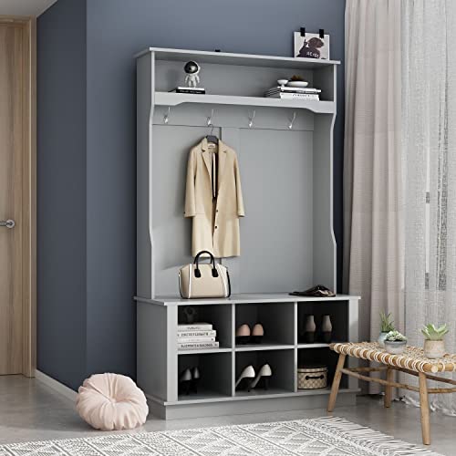 FAMAPY Hall Tree with Bench and Shoe Storage, 3-in-1 Entryway Hall Tree with Coat Rack, 6 Shoe Storage Cubes, for Mudroom White (39.8”W x 17.3”D x 67.1”H)