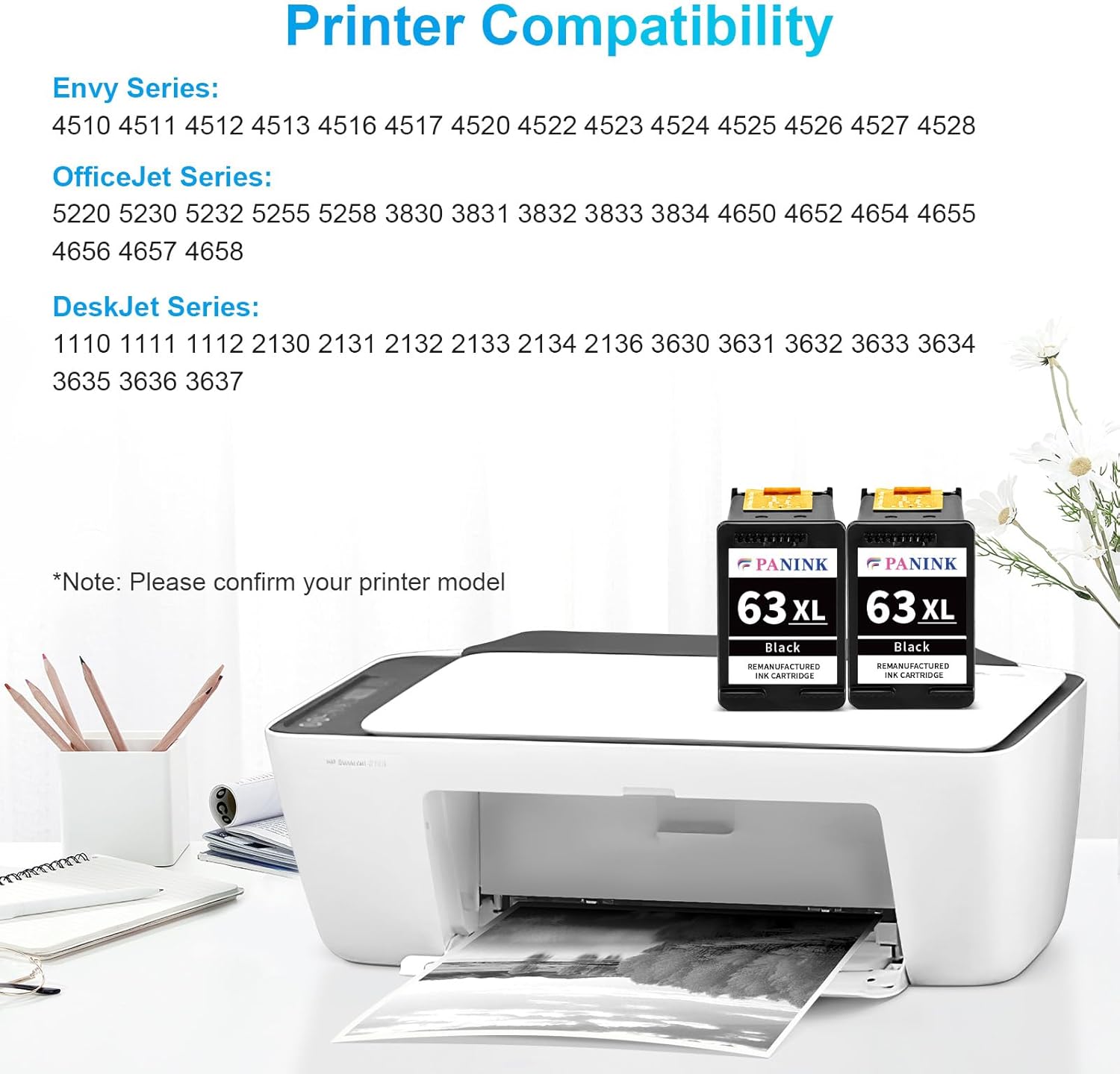 Remanufactured Ink Cartridge Replacement for HP Printer Ink 63 XL HP 63 Ink HP63 63XL Black Ink Cartridges for 3830 5255 4650 3833 Envy 4520 1112 3637 3630 3634 Printer(2 Black)