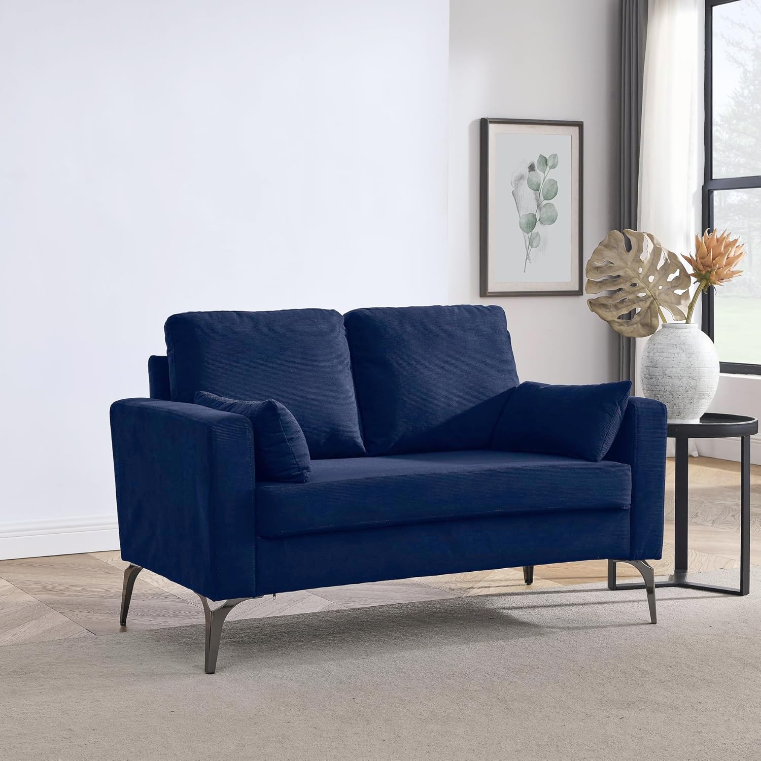 Modern Minimalist Loveseat Living Room Sofa Corduroy Navy, Square Arms, Tight Back, Two Small Pillows