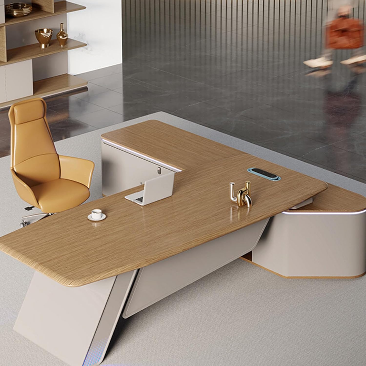 OUDINI Wooden Office Desk Mid Century Modern Writing Study Desk Rectangular L Shaped Writing Study Desk Computer Desk