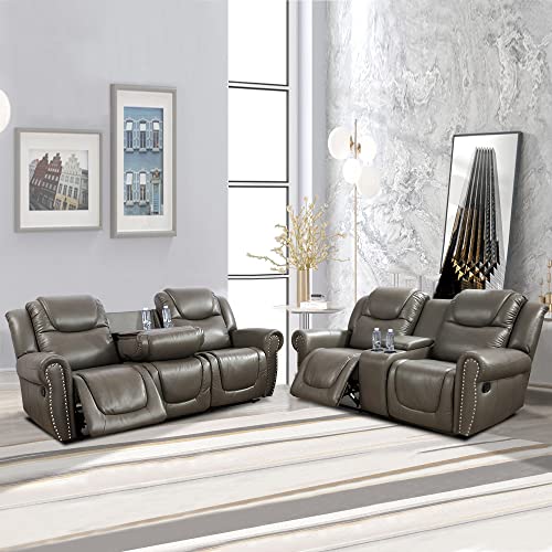 Leather Recliner Loveseat, Living Room Furniture, Manual Reclining Couch, 2-Seater Grey leather Sofa for Living Room/Apartment/Office
