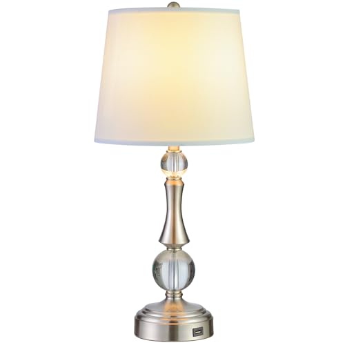 Modern Table Lamp for Living Room Bedroom, Crystal Nightstand Lamp with USB Charging Port, Silver Desk Lamp for End Table Bedside, Linen Fabric Shade, LED Bulb Included (Silver)