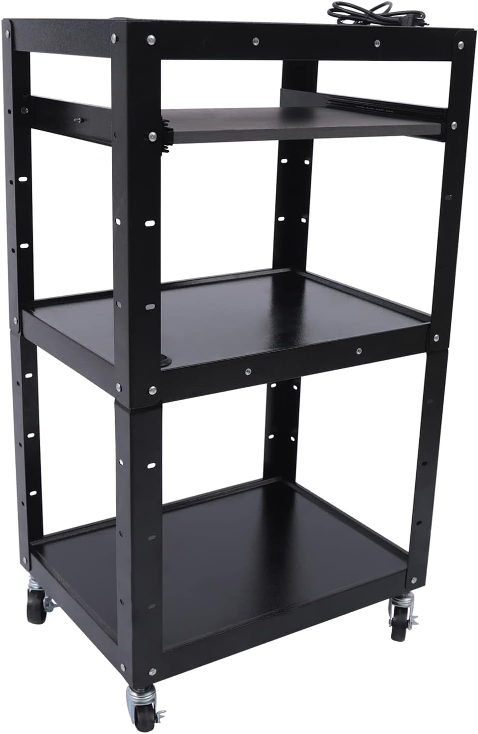3-Shelf Mobile Utility Cart with Outlets&Cord and Pullout Keyboard Tray, AV Carts & Stands for Offices and School Black