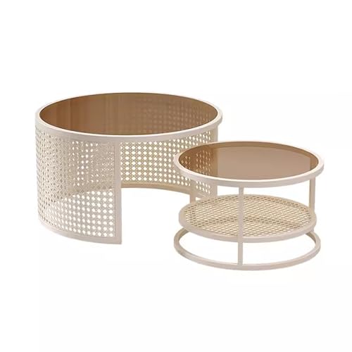 Round Coffee Table Set of 2, Nordic Style Glass Coffee Side Table, Coffe Table with Storage Shelf, for Living Room Bedroom Offic(Beige brown,23.6in/60cm)