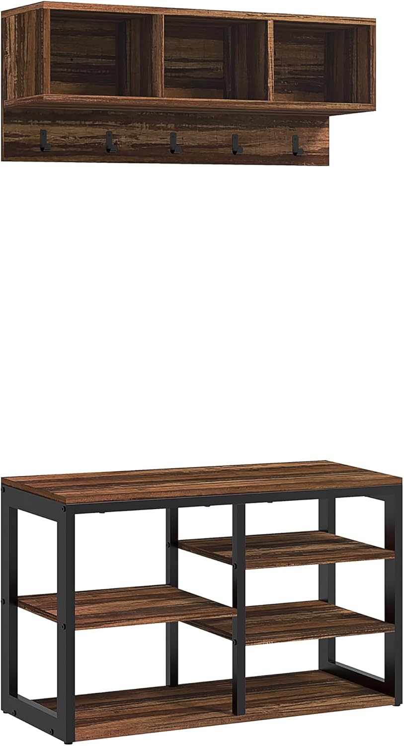 HOMCOM 2-in-1 Coat Rack Shoe Bench Set, 5-Hook Hall Tree with Bench and Shoe Storage for 10 Pairs of Shoes for Entryway, Hallway, Brown