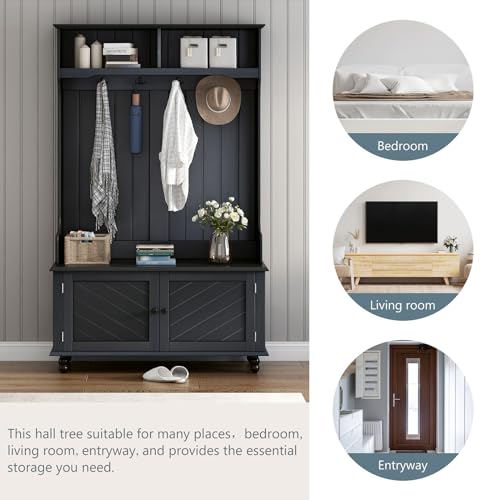 Entryway Hall Trees with Hooks, Entryway Bench, 3 in 1 Storage Shelves and Shoes Bench, Wood Entryway Coat Rack with Two Top Open Storage Shelves for Entrance Hallway Living Room White 40 Inch