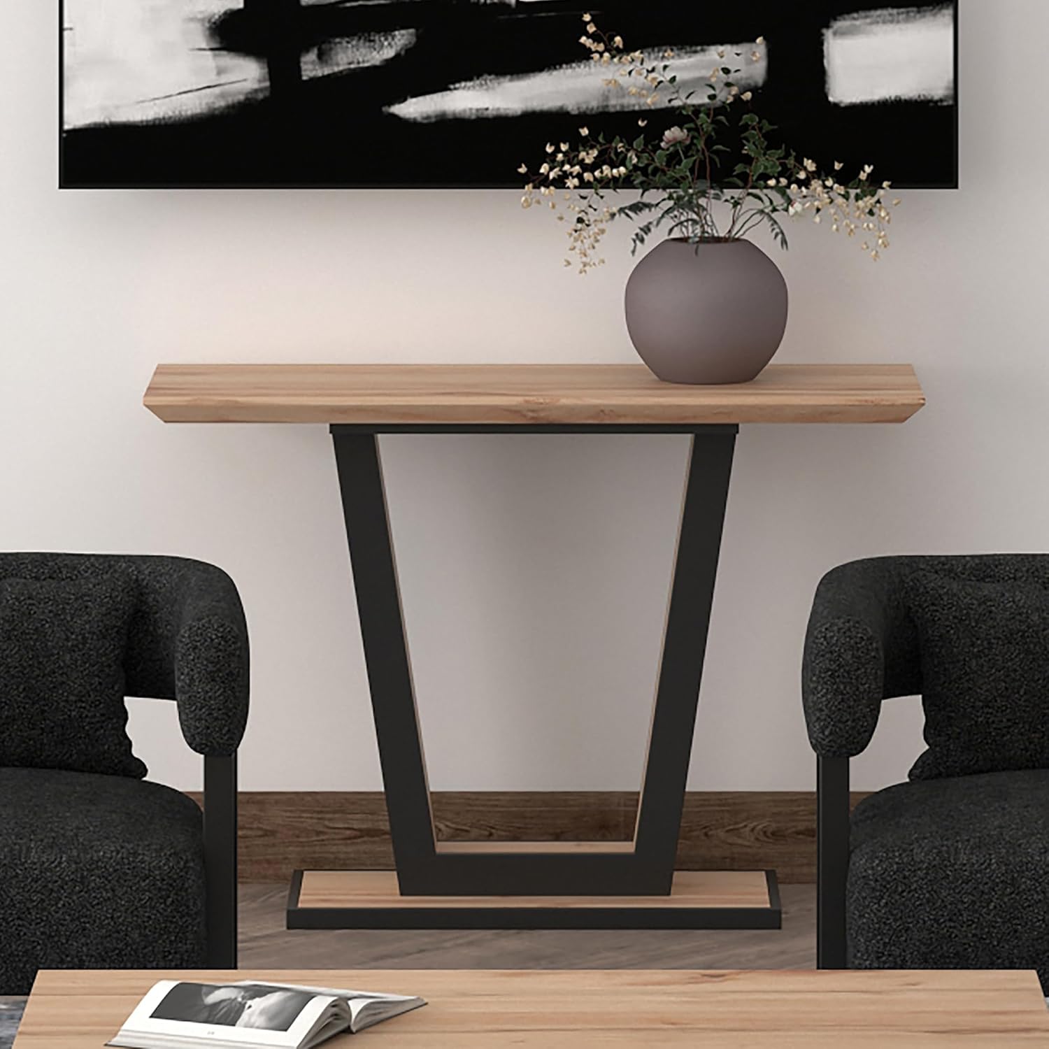 Zephyr Modern Engineered Wood & Metal Console Table - Natural & Black