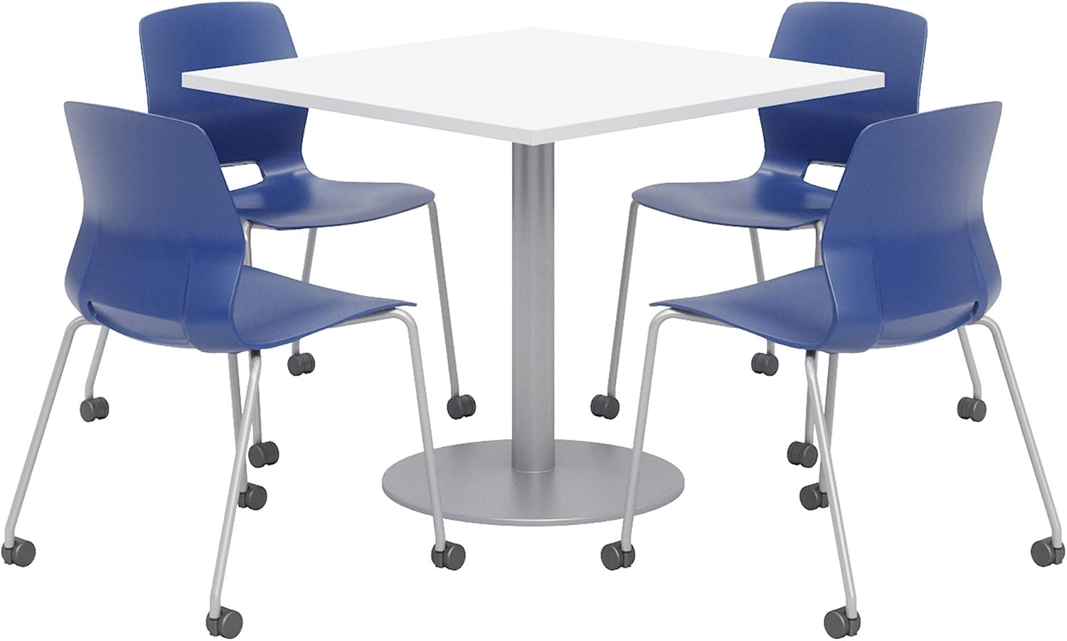 Lola Series Dining Set, Designer White Table, Navy Caster Chairs