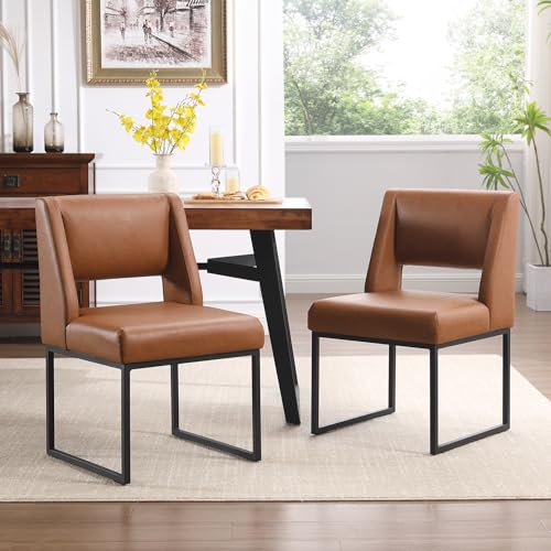 Zesthouse Upholstered Dining Chairs Set of 2, Mid Century Modern Dining Chairs with Metal Legs & High Back, Accent Chairs for Dining Table, Armless Side Chairs for Living Room, Faux Leather Brown