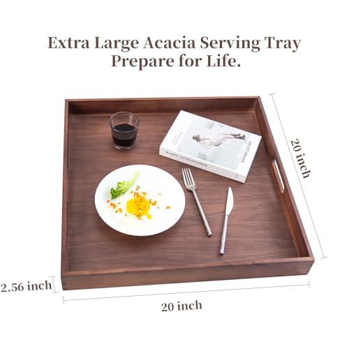 20INCH Extra Large Round Premium Acacia Ottoman Tray with Handles Multi-Use in Dinner Breakfast Snacks Entertaining Guests in Living Room and Outdoor