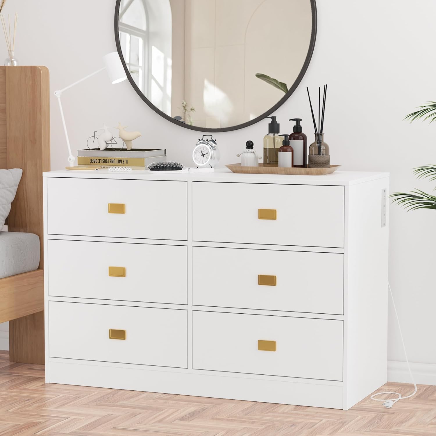 Dresser for Bedroom with 6 Drawers, Wide Chest of Drawers with Changing Table Top, Nursery Storage Organizer for Infant with Power Outlets, Changing Pad & Removable Top (White)