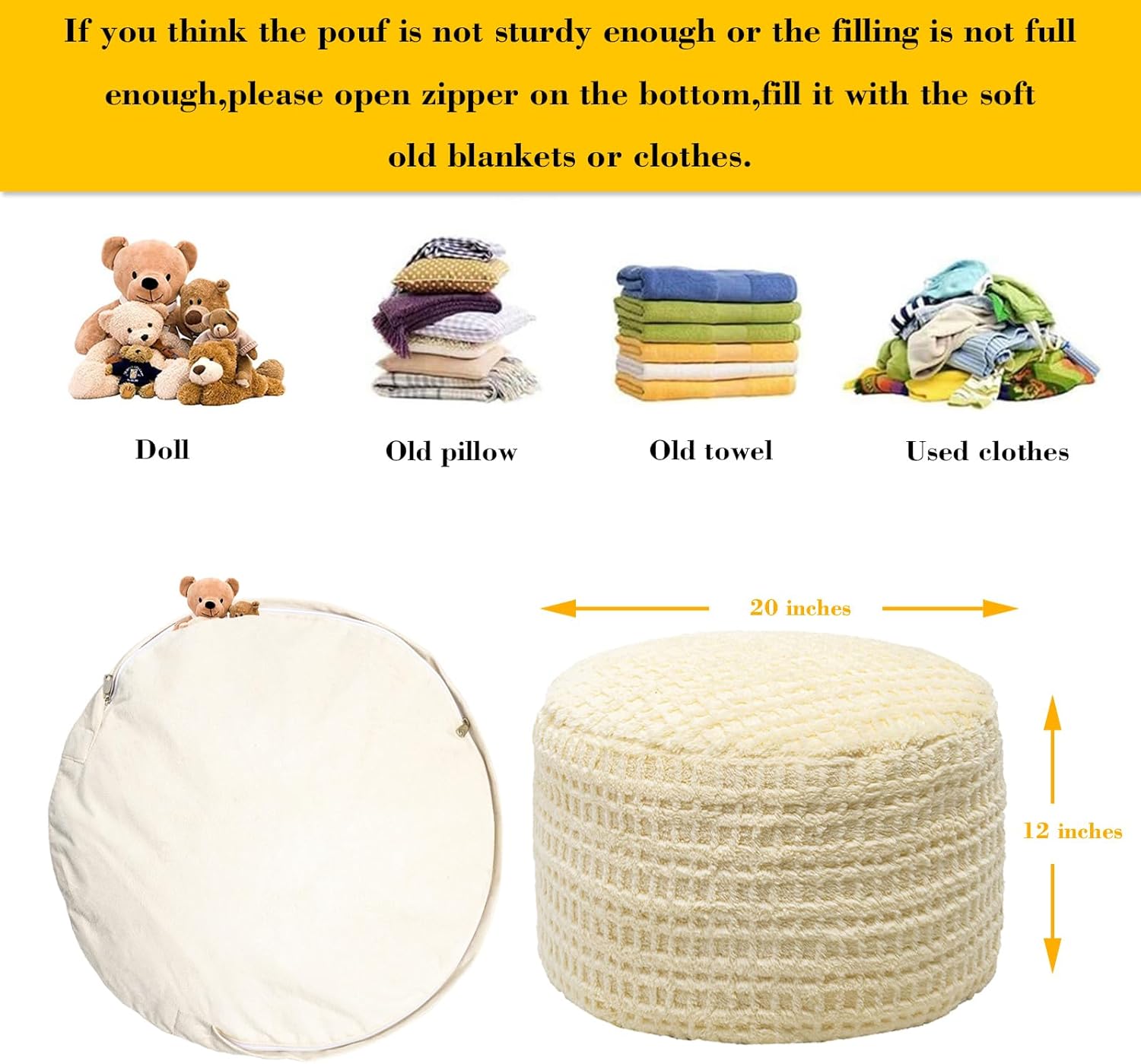 Pouf Ottoman Stuffed, Stuffed Ottoman Foot Rest,Pouf Foot Stool with Filler, 20