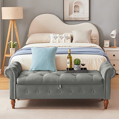 Aoowow Storage Bench for Bedroom End of Bed Rolled Armed Linen Fabric Ottoman Couch Long Bench Window Sitting Fireplace Toy Storage Bench,Olive Green