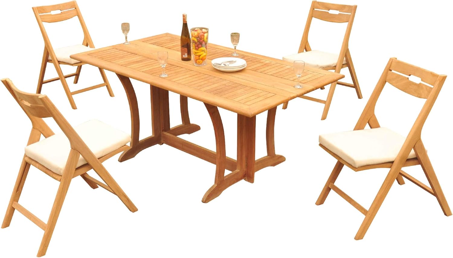 Grade-A Teak Wood 4 Seater 5 Pc Dining Set: Warwick Console Folding Rectangle Table and 4 Surfliner Folding Reclining Arm Chairs #21SL1505