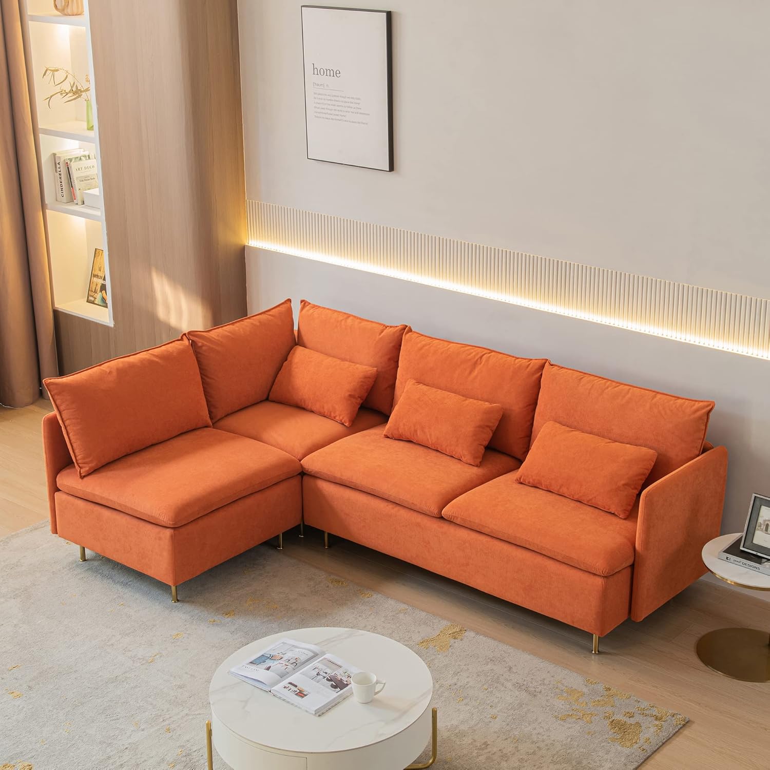 Modular L-shaped Corner sofa,Left Hand Facing Sectional Couch,Orange Cotton Linen-90.9''
