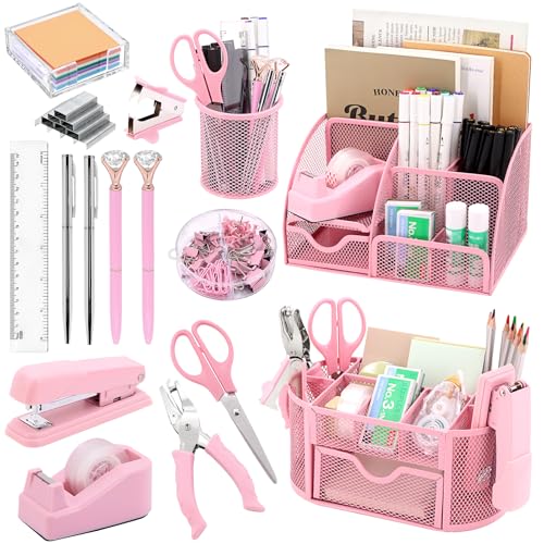 17 in1 Silvery Desk Organizers and Accessories Set, 3 Office Desk Supplies Storage Organization, 4 Pens, Stapler, Staples & Remover, Tape & Dispenser, Scissors, Ruler, Clips, Hole Punch, Sticky Holder