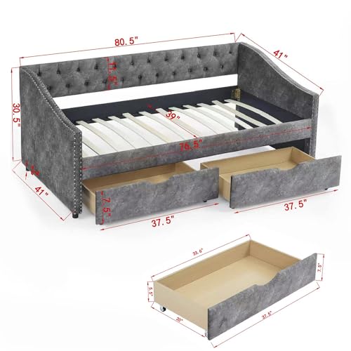 Daybed with Drawers, Modern Velvet Upholstered Twin Size Day Bed Button-Tufted Sofa Daybed Frame with Double Drawers, No Box Spring Needed, Furniture for Bedroom Living Room Guest Room