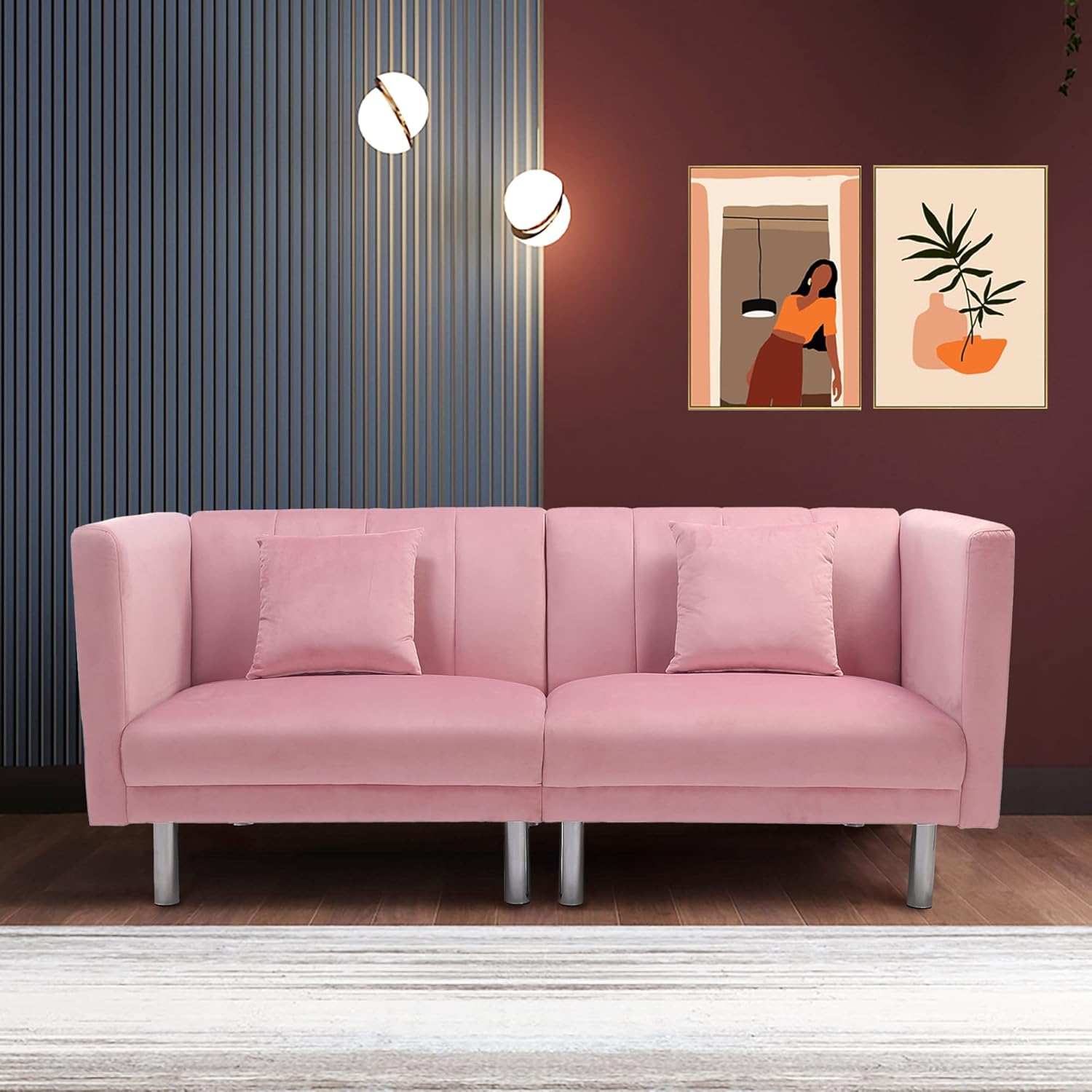 RORA&YANEAR futon Sofa, loveseat, Convertible Sleeper Pink Velvet with Metal Legs and Removable armrest Including 2 Pillows (Pink loveseat)