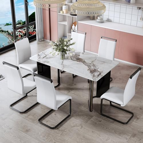 Modern Dining Table Set for 4, Faux Marble Pattern Top Kitchen Table with 4 Upholstered Dining Chairs for Kitchen,Dining Room, Model FHHWHMBWHB, White