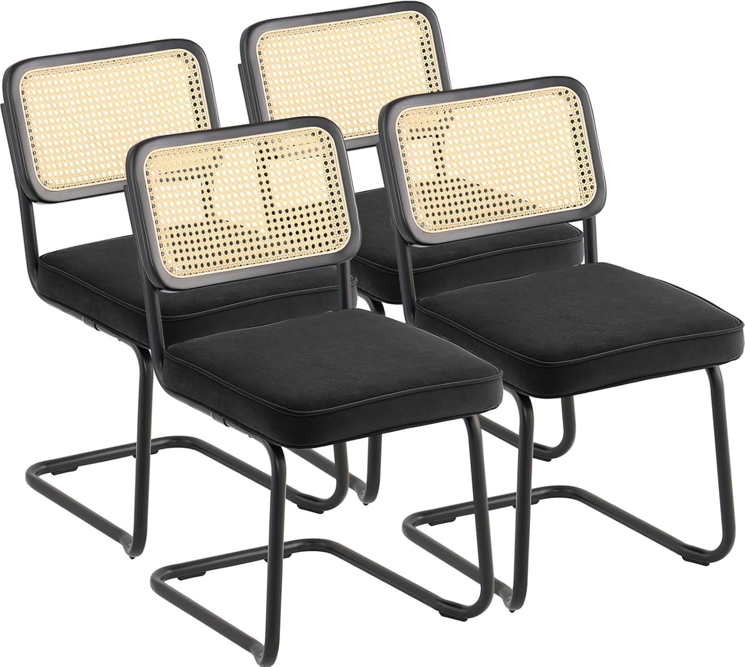 VEVOR Set of 4 Mid Century Modern, Upholstered Velvet Accent Rattan Back, Retro Dining Kitchen Chair for Living Room, Bedroom, Office (18.1 Inch), 17.71 x 22.44 x 32.87 in, Black