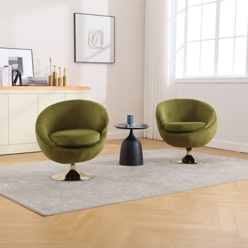 Round Swivel Chair Set of 2, Modern Barrel Accent Chair Set of 2, Green Velvet 360 Swivel Cuddle Chair, Upholstered Armchair for Living Room, Bedroom, Hotel, Studio, Bar, Salon, Olive Green