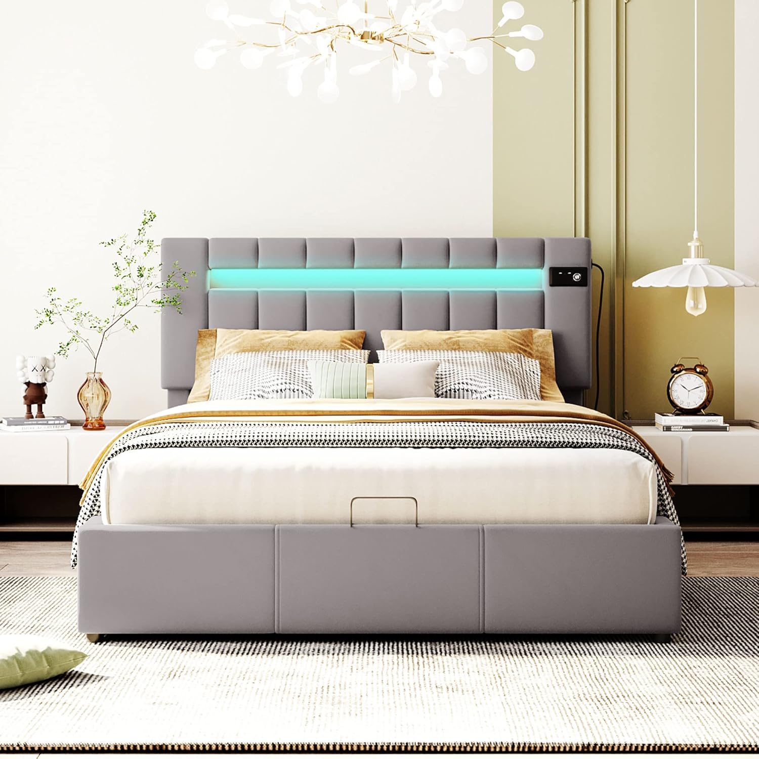 Queen Size Upholstered Bed with LED Light, Bluetooth Player, USB Charging, Hydraulic Storage, Gray Velvet Fabric, 81.10x60.24x43.11 in.