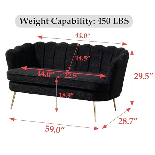 Boucle Fabric Small Loveseat Sofa with Gold Metal Legs, 59” Modern 2 Seater Sofa with Flower Backrest, Couch for Living Room Bedroom Office (Caramel)