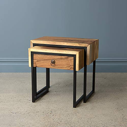 Best Home Fashion Petrified Teak Side Table with Stainless Steel Base - Medium - 14” L x 14” W x 24” H