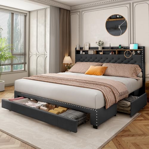 Queen Size Bed Frame with 3 Drawers, 2-Tier Storage Headbord, Bed Frame with Storage, LED Lights and Charging Station, Upholstered Platform Bed Frame, Wood Slats Support (Black, Queen)