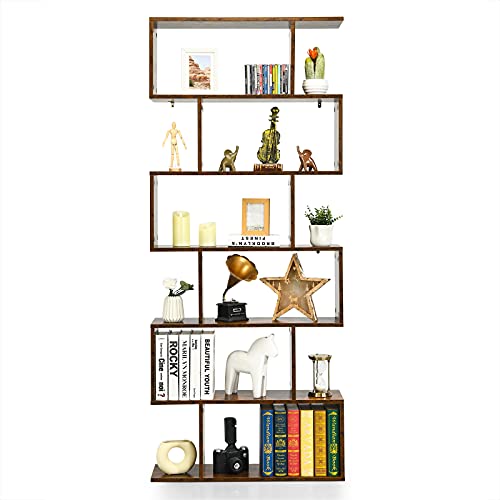 Augester 6-Tier Bookshelf, Wood S-Shaped Bookcase with Anti-toppling Device, Freestanding Display Shelf for Living Room, Bedroom, Office (Coffee)