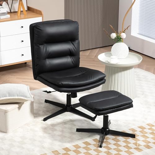 Paddie PU Leather Office Desk Chair No Wheels w/Ottoman, High-Back Armless Home Office Desk Chair, 135°Rocking Cross Legged Computer Task Chairs Swivel Vanity Chair（White-Criss Cross Leg）