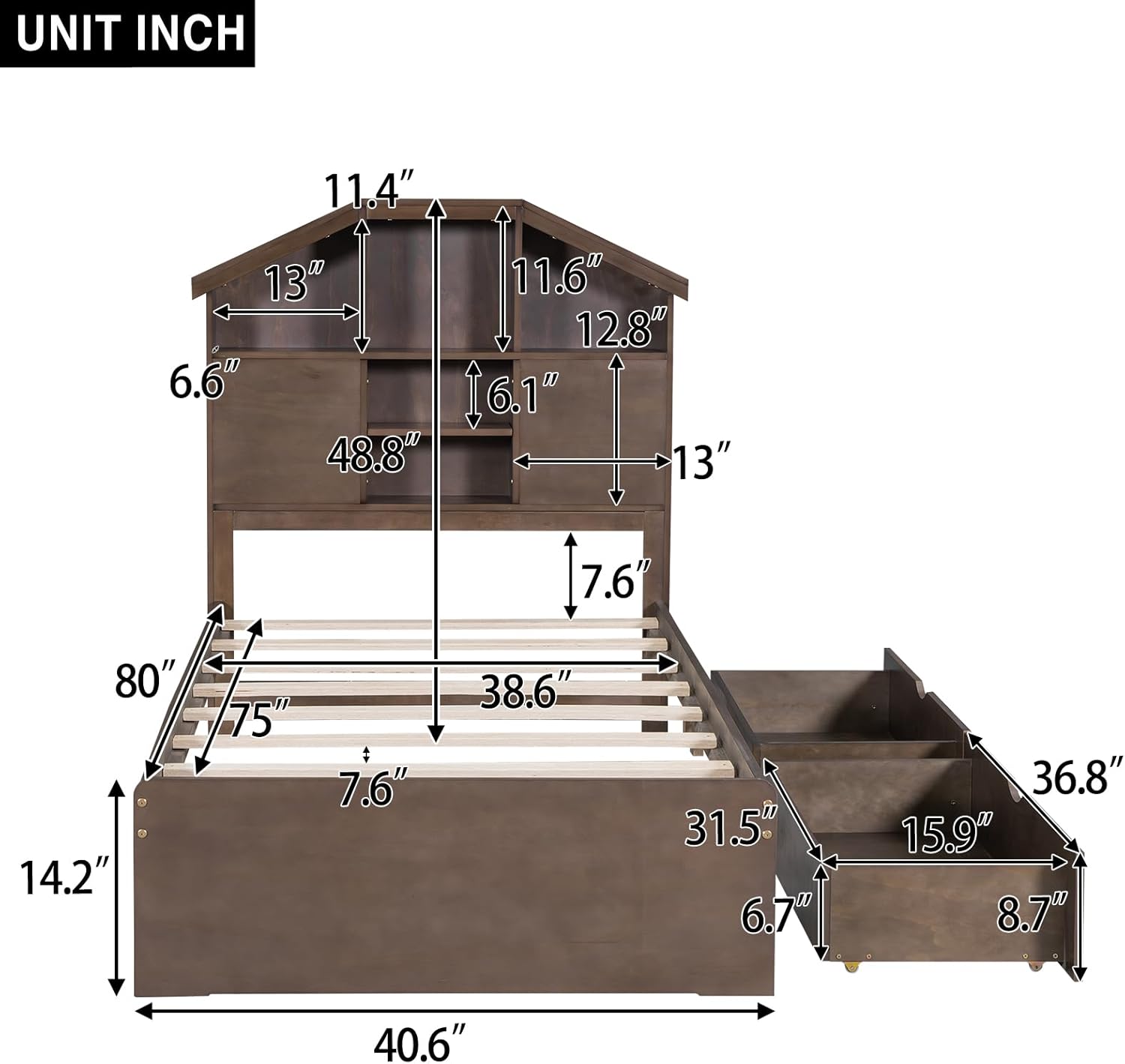 Twin Size Wood Platform Bed with House-Shaped Storage Headboard and 2 Drawers, Upholstered Wood Bed Frame Sturdy Slat Support Noise Free and No Box Spring Needed, Walnut