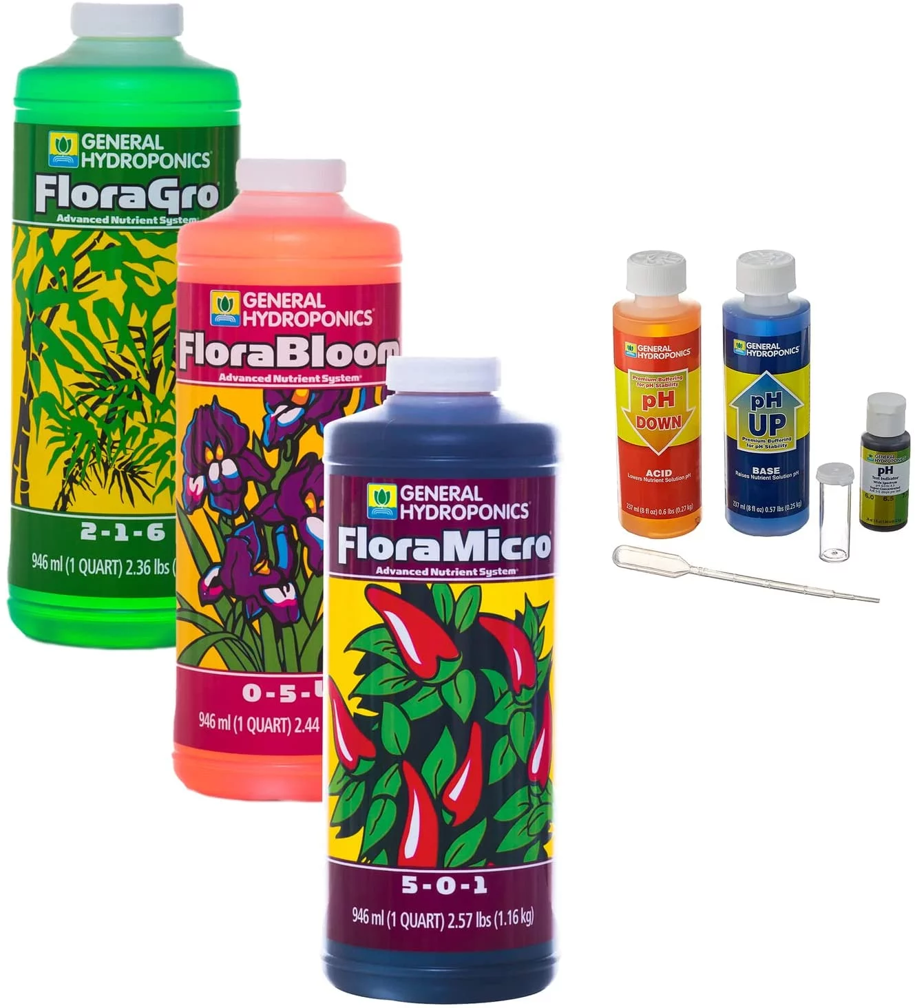 General Hydroponics Flora Series Fertilizer Bundle, with FloraMicro, FloraGro, FloraBloom and pH Control Kit