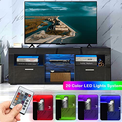 TV Stand for 55+ 60 inch Tvs - Morden TV Stand with LED Lights, High Glossy Entertainment Center with 2 Flip Cabinet, LED Media Console Table Cabinet Desk for Living Room
