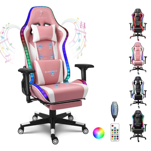 RGB Gaming Chair Ergonomic Video Game Chair with Speakers, High Back E-Sport Massage Computer Chair 180° Adjustable, PU Leather Racing Office Chair with Headrest & Lumbar Support,Black