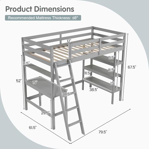 KOTEK Twin Loft Bed with Desk & Storage Shelves, Solid Wood Loft Bed Frame with Bookcase, Ladder, Guardrails, Twin Size Loft Bed for Kids, Teens, Drom, Apartment (White)