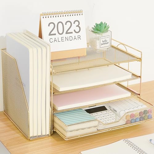 Desk Organizers and Accessories, 4-tier Desk Paper Letter Tray Organizer with Removable File Holder + Drawer, Office Desktop Workspace File Organizer for Office Supplies Desk Accessories, Black