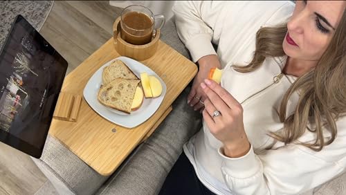 Bamboo Couch Arm Tray, TV Dinner Tray for Sofa Loveseats with Cup Holder Phone Tablet Holder, Clip on Armrest Side End Table Replacement for Meal Drink Remote Glasses, with Raised Edges