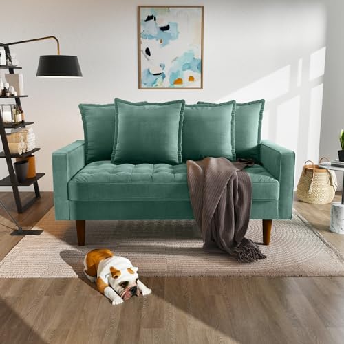Mid-Century Modern Small Spaces Comfy Velvet Living Room,Office,and Apartment,Loveseat Couch Sofas, 58 Inch, Aqua Turquoise