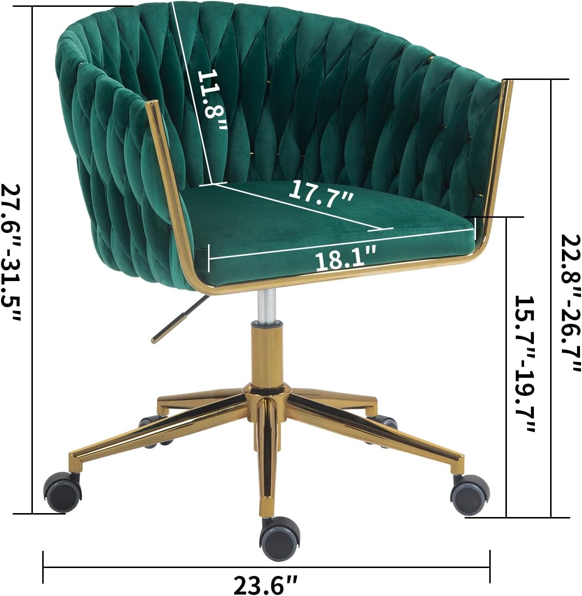 Desk Chair with Wheels, Velvet Home Office Chair, Swivel Armchair Gold Base,Djustable Height, 360° Swivel, Soft Velvet Fabric, Green