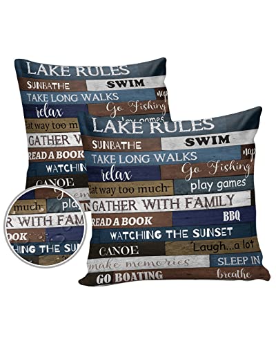 ALAGEO Outdoor Waterproof Pillow Covers for Patio Furniture Lake Rules on Wood Grain Decorative Throw Pillow Cover Rustic Old Wooden Pillowcases Set for Sofa Couch Home Decor 16x16 inch x 2pcs