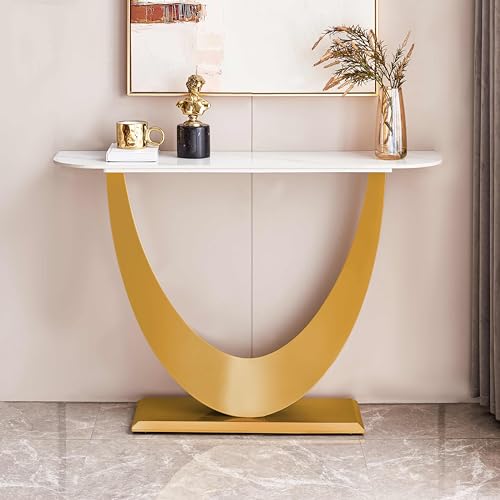 Modern Console Table with Geometric Base, Faux Marble Foyer Hallway Table for Entryway, Living Room