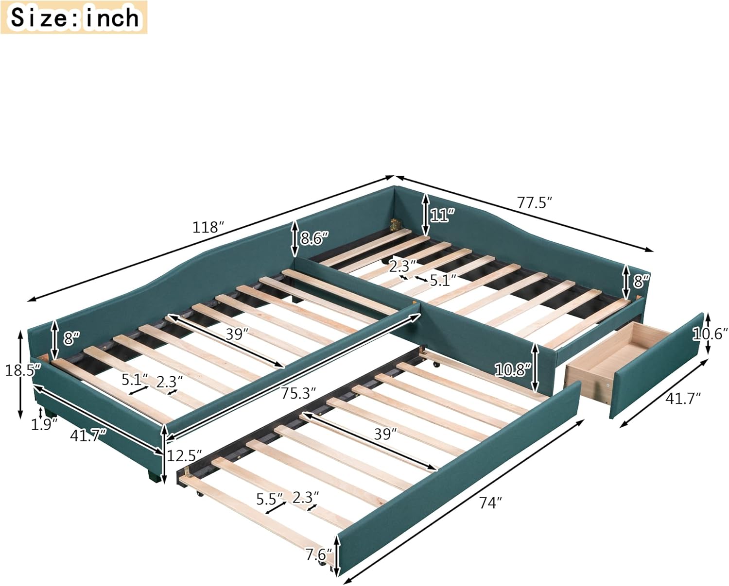 CITYLIGHT Upholstered L-Shaped 2 Twin Beds with Trundle and Storage Drawer, Wood Linen Corner Bed for Kids Girls Boys Teens Bedroom, Green, Green(upholstered)