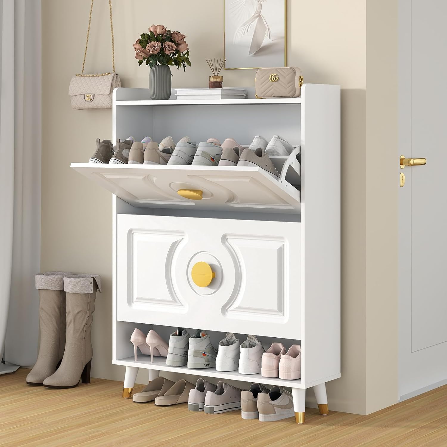 White Shoe Storage Cabinet Slim, Wooden Shoe Cabinet with Drawer, Narrow Shoe Organizer Cabinet 2 Doors, Hidden Shoe Rack Cabinet for Front Door Entrance