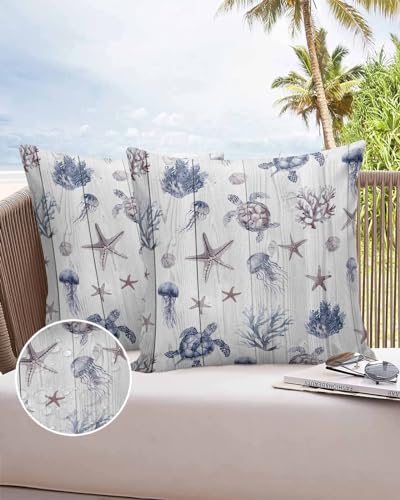 Outdoor Pillow Covers Waterproof, Coastal Sea Turtle Throw Pillowcase Decorative Cover, Summer Beach Starfish Wooden Garden Cushion Case Set of 2 for Sofa, Couch, Tent, Patio, 16