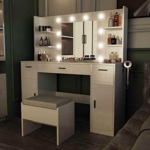 Vanity Desk, Make up Vanity Desk with Mirror and Lights, Vanity with Power Outlet and Stool, 3 Drawer 3 cabinets Storage Unit Dresser, Vanity with Lights 3 Models Settings for Bedroom (White)