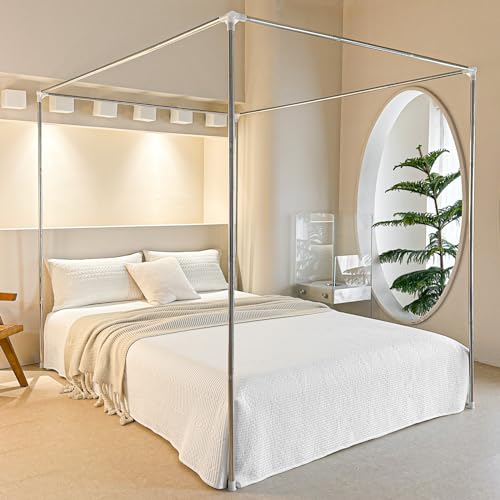 AIKASY Hollow Stainless Steel Twin Canopy Bed Frame, Four Poster Bed Frame, Canopy Bed Curtains Frame - Fits Four Corner Beds, Metal Bed Mosquito Net, Bedroom Deco
