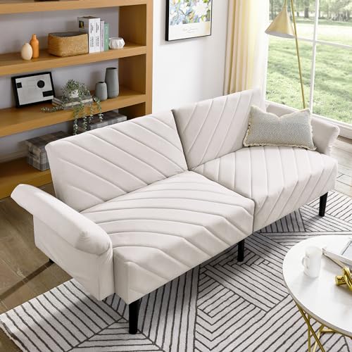 LUMISOL Convertible Folding Sofa Bed, Velvet Futon Couch Convertible Folding Sofa Sleeper Tufted Couch with Adjustable Armrests for Living Room, Home Office, Apartment, Pink