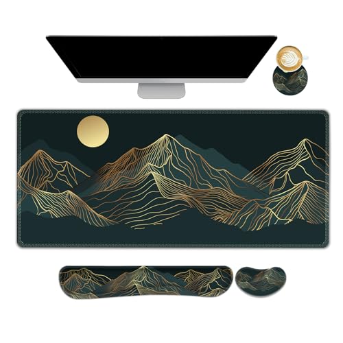 AIMSA Large Gaming Mouse Pad Set, Keyboard Wrist Rest Support + Extended Mouse Pad + Mouse Wrist Cushion + Coaster, Ergonomic Memory Foam Multifunctional Desk Mat 35x15.7inch (Forest Moon Sky)